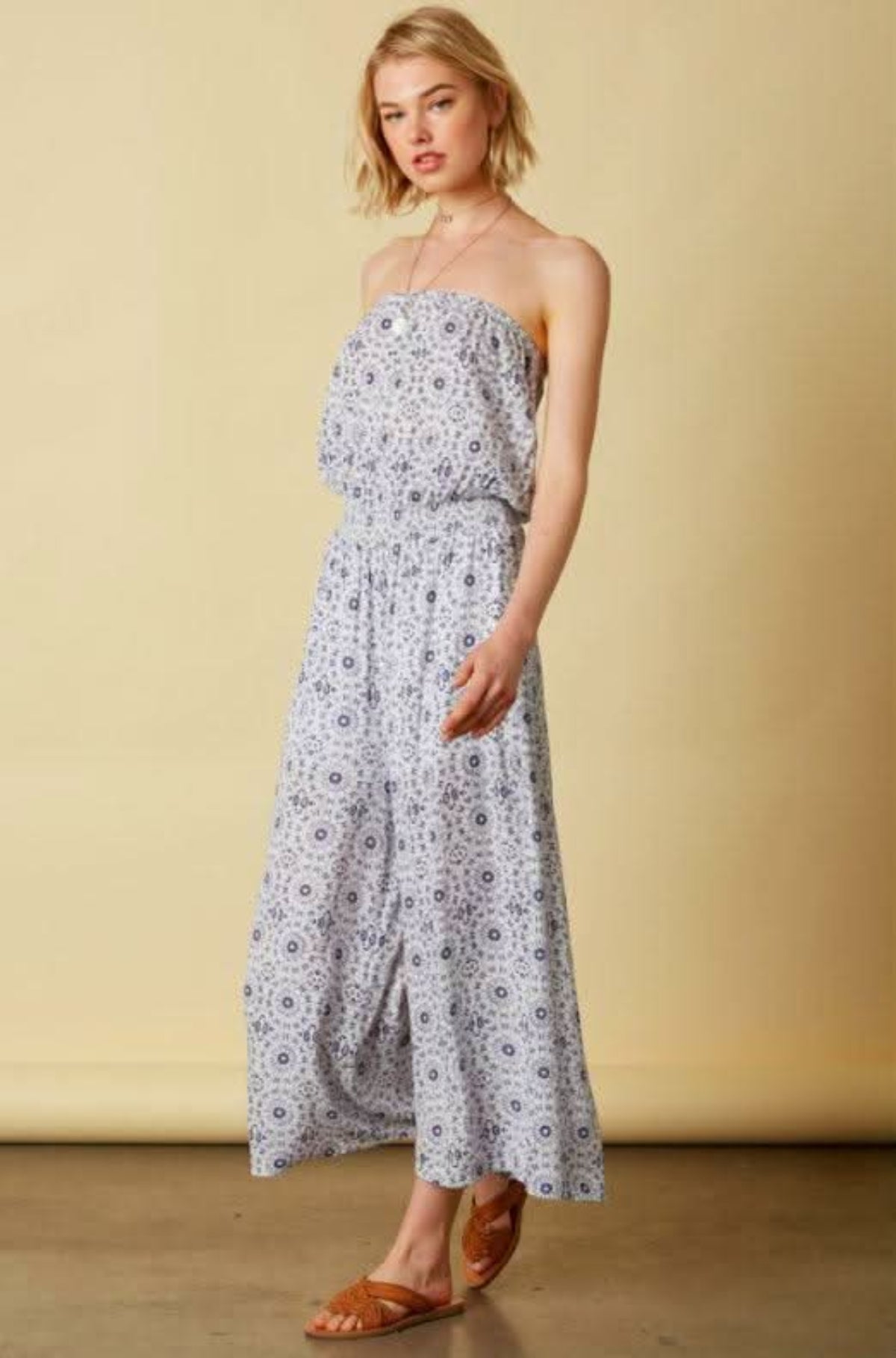 Talula Medallion Print Strapless Culotte Jumpsuit