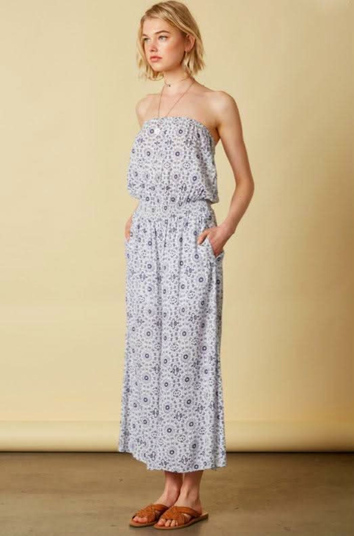 Talula Medallion Print Strapless Culotte Jumpsuit