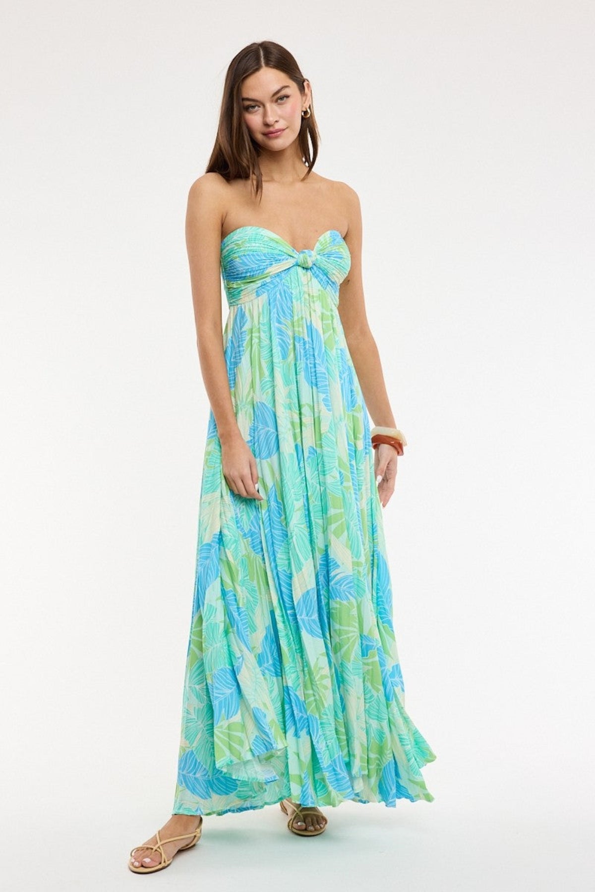 Willow Blue and Green Tropical Print Strapless Maxi Dress