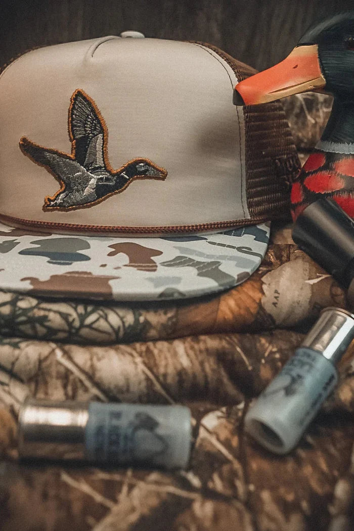 mucker bucket - camo duck bucket hat flat lay