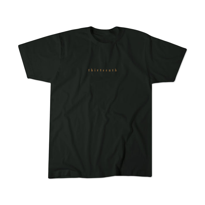 The Death's Defeat Premium Tee by 13th is a plain black t-shirt featuring "thirteenth" in small orange lowercase letters across the chest, symbolizing spiritual hope and victory over death. The shirt is displayed flat on a white background.