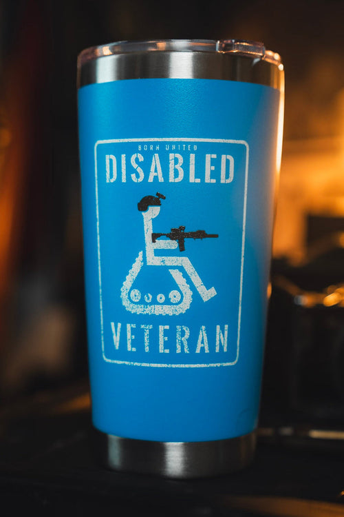 The Disabled Vet Tumbler - 20oz by Born United Private Label is a blue stainless steel tumbler showing a person in a wheelchair with a rifle and "Born United Disabled Veteran" text—a thoughtful veteran gift.