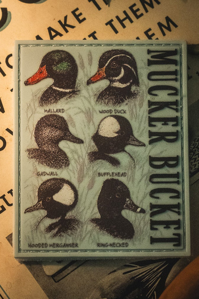 Six illustrated and labeled duck species—mallard, wood duck, gadwall, bufflehead, hooded merganser, and ring-necked—appear on the 4x4" Duck DNA PVC Patch by Mucker Bucket, shown placed on a printed surface.