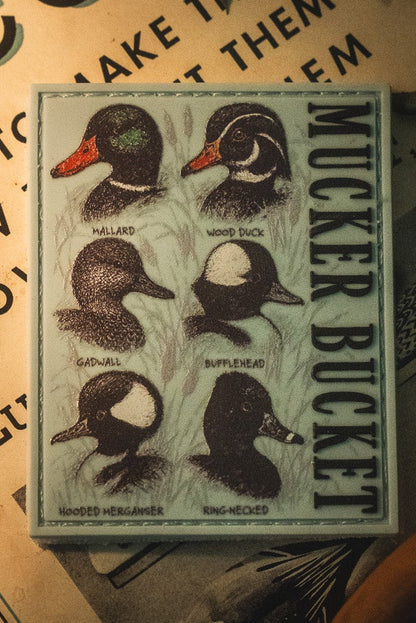 Six illustrated and labeled duck species—mallard, wood duck, gadwall, bufflehead, hooded merganser, and ring-necked—appear on the 4x4" Duck DNA PVC Patch by Mucker Bucket, shown placed on a printed surface.