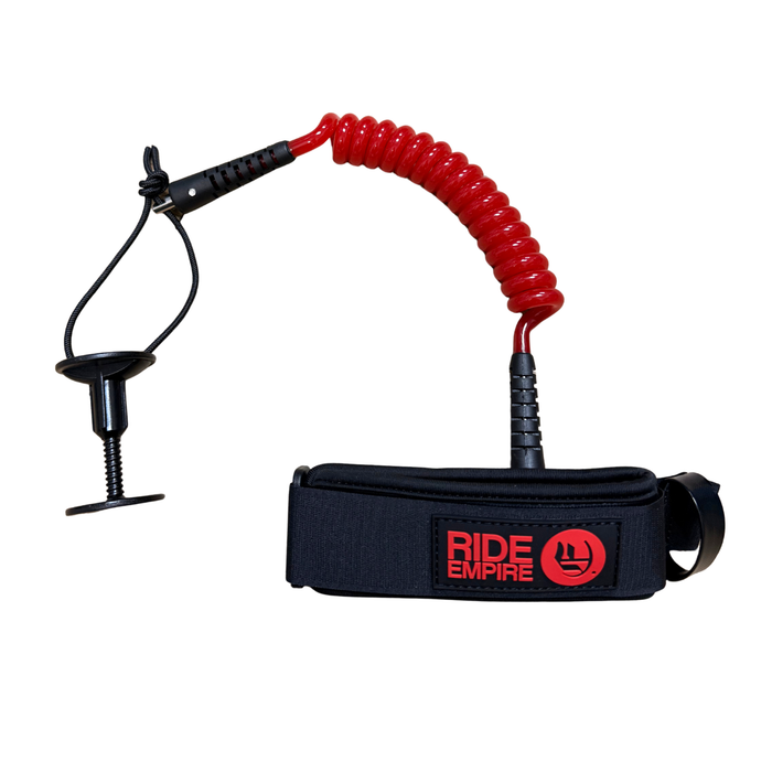 Black and red coiled leash with 'Ride Empire' branding on a white background
