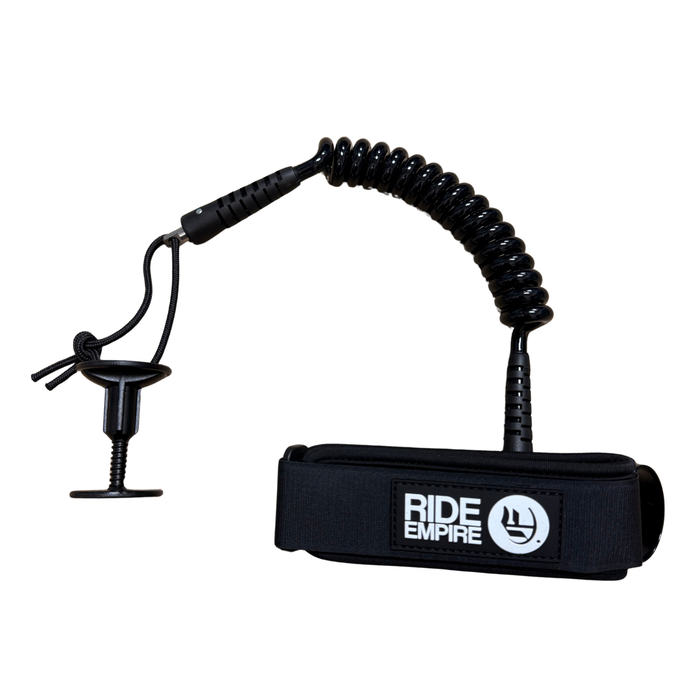 Black coiled leash with a black strap featuring 'Ride Empire' branding on a white background.