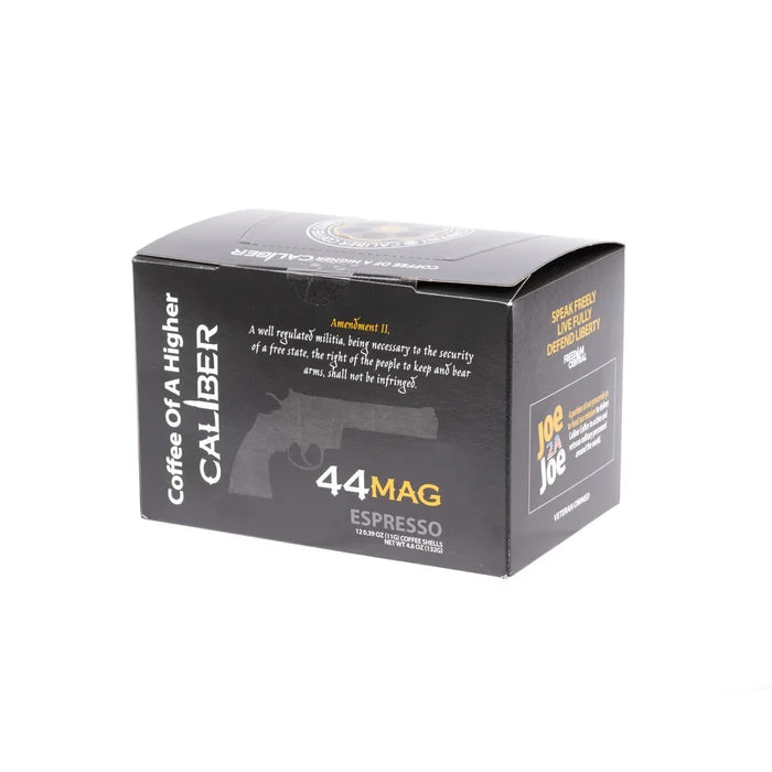 The predominantly black box with white text from Caliber Coffee Company highlights its Artisan Roasted beans with the tagline Coffee of a Higher Caliber. A quote on the right to keep and bear arms is featured on this box of Espresso Roast .44 Mag Single-Serve Shells.