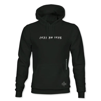 The Fear No Evil Premium Hoodie by 13th features FEAR NO EVIL in white gothic font on the chest, inspired by PSALM 23:4, with a subtle REBEL CIRCUS detail on the side and a BTH logo at the bottom.