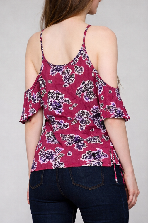 Sweet Bloom Wine Floral Print Cold Shoulder Top