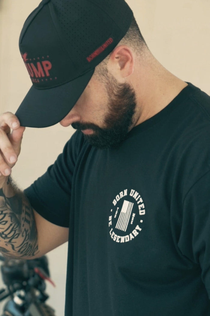 born united - patriotic trump tee shirt on model