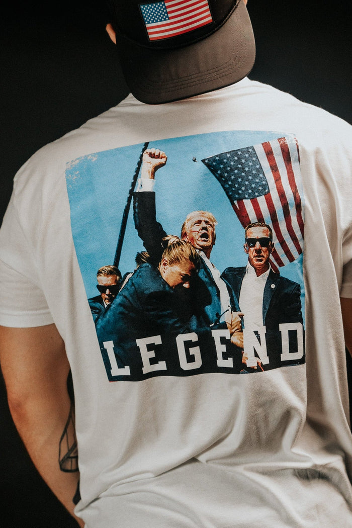 born united - forever legend white trump tee on model