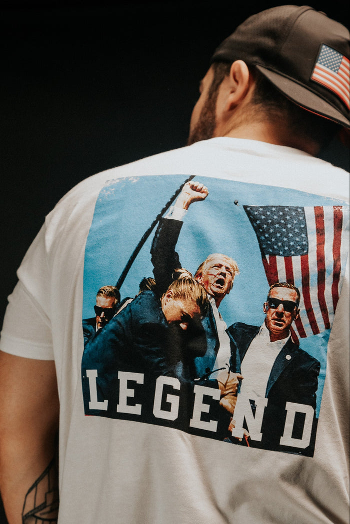 born united - forever legend white trump t-shirt on model