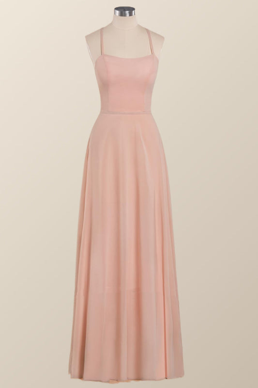 Princess Pink Straps Chiffon A-line Long Bridesmaid Dress