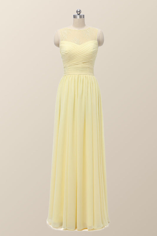 Scoop Yellow Chiffon Pleated Long Bridesmaid Dress