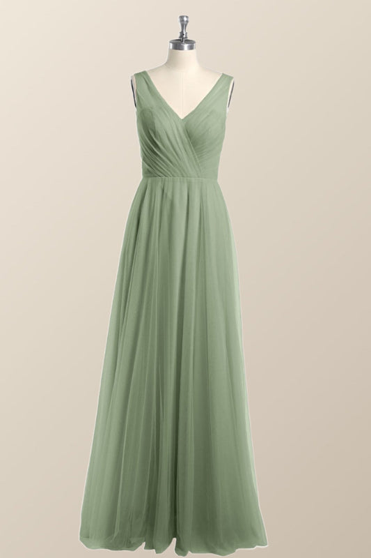 Sage Green V Neck A-line Long Bridesmaid Dress