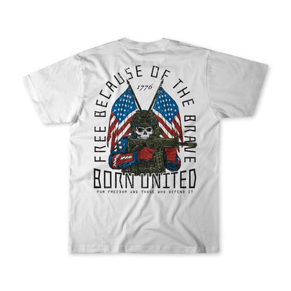 The Freedom Defender T-shirt by Born United Private Label features a skull in army gear with a rifle, two American flags, and the text: “Free Because of the Brave,” “1776,” and “Born United. For freedom and those who defend it.”.