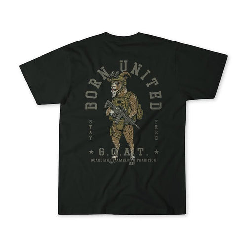 The Born United Private Label G.O.A.T. T-shirt features a striking graphic of an armed goat in military gear, surrounded by the phrases "Born United," "Stay Free," and "G.O.A.T. Guardian of American Tradition." This bold black tee is the perfect patriotic shirt for anyone proud to honor American tradition.