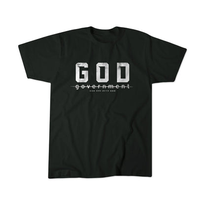 The black T-shirt from Born United Private Label features God in bold silver above government in white, with New Era United MFG below. The design, named God Over Government, artfully blends themes of faith and authority into a modern statement piece.