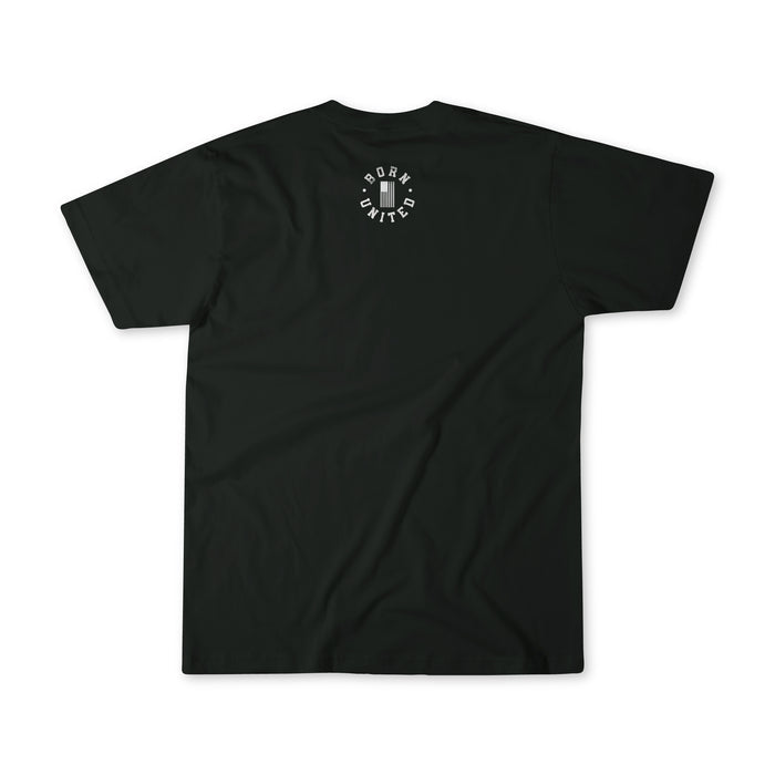 A black God Over Government T-shirt by Born United Private Label is laid flat on a white background. It features a small circular design with BORN UNITED and a nod to good conduct printed in white on the upper back.