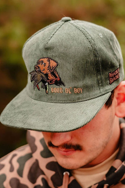 mucker bucket - good ol' boy green corduroy hat on model