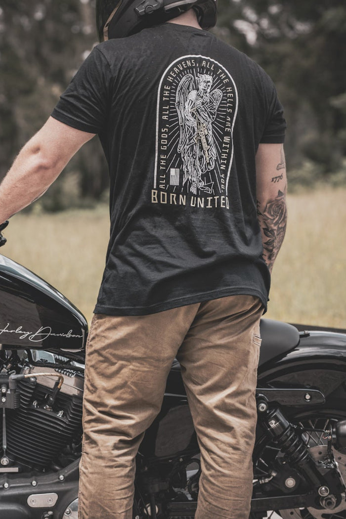 born united - heavens and hell tee on model