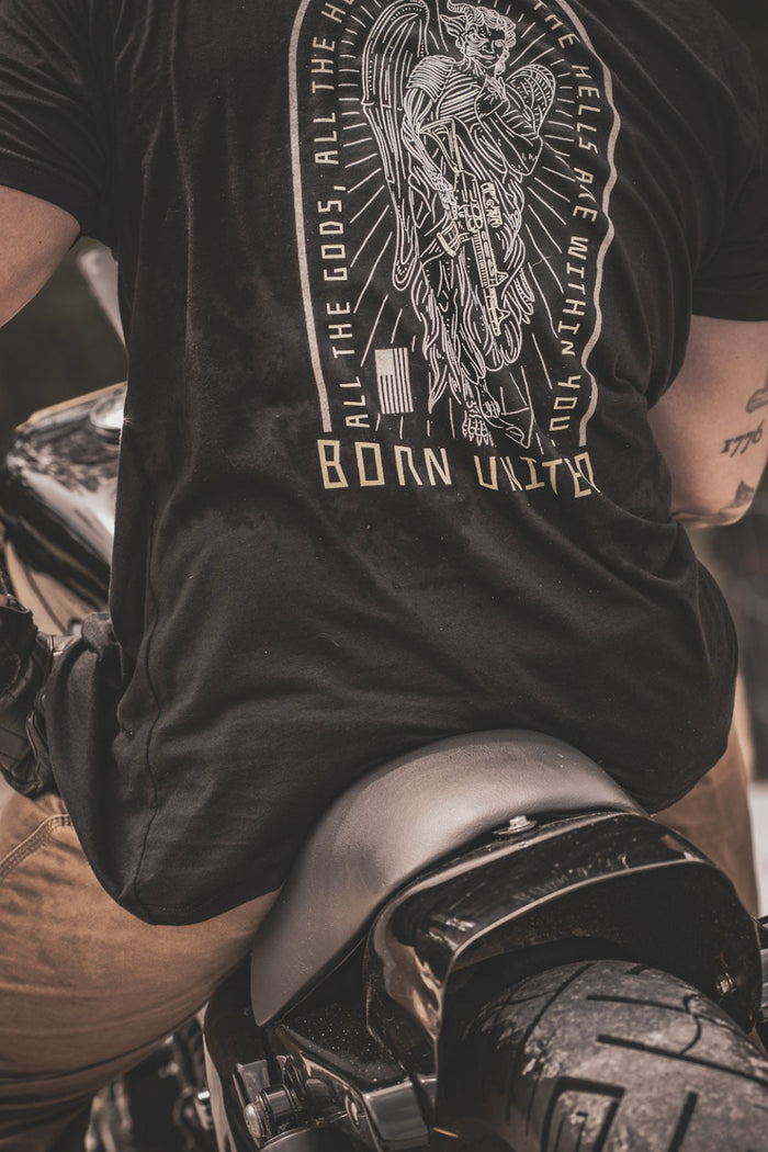 born united - heavens and hell t-shirt on model