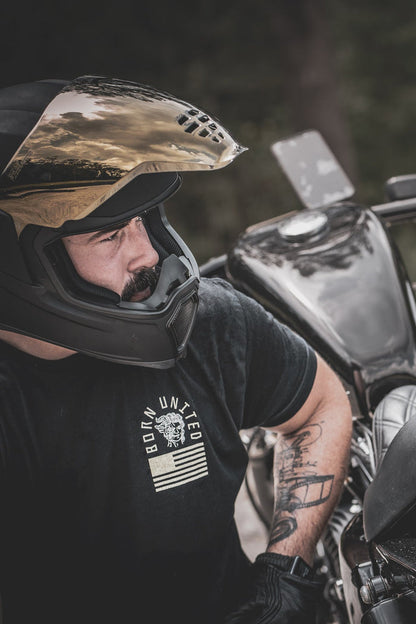 born united - heavens and hell black tee shirt on model