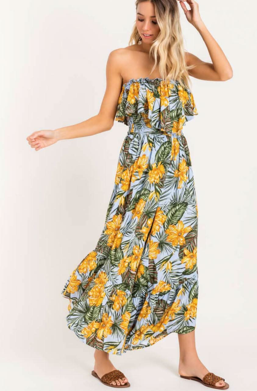 Plum Island Mustard Palm Print Strapless Culotte Jumpsuit