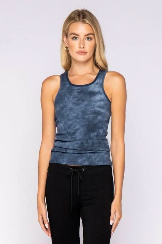 Tina Navy Blue Tie-Dye Ribbed Tank Top