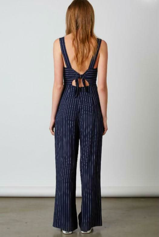 Stevie Navy Striped Apron Tie Back Jumpsuit