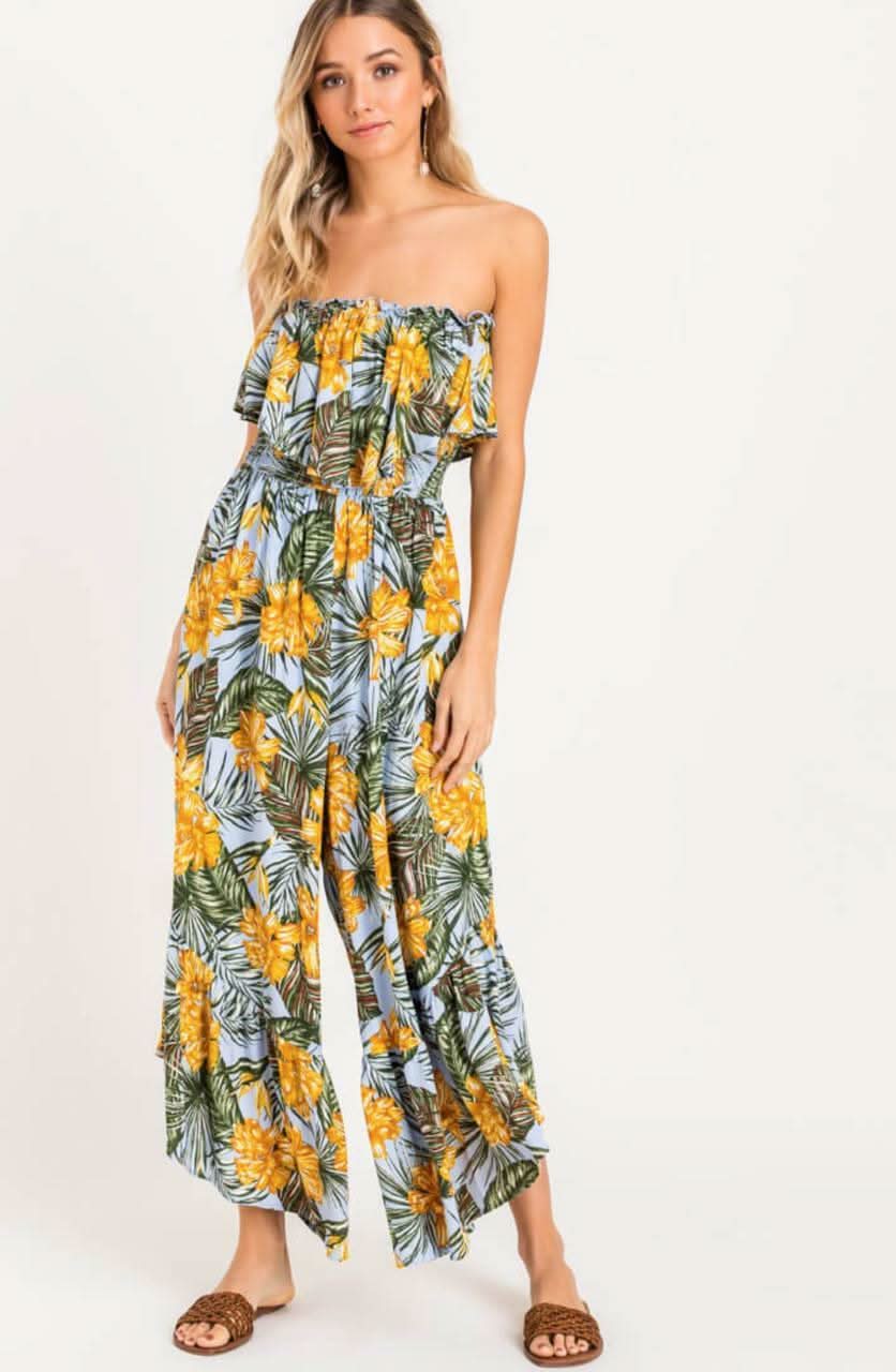 Plum Island Mustard Palm Print Strapless Culotte Jumpsuit