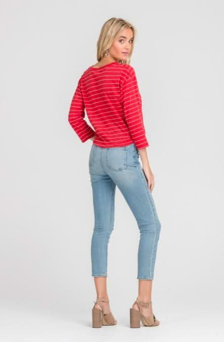 Up-to-the-Minute Red Chevron Stripe Tie-Front Top.