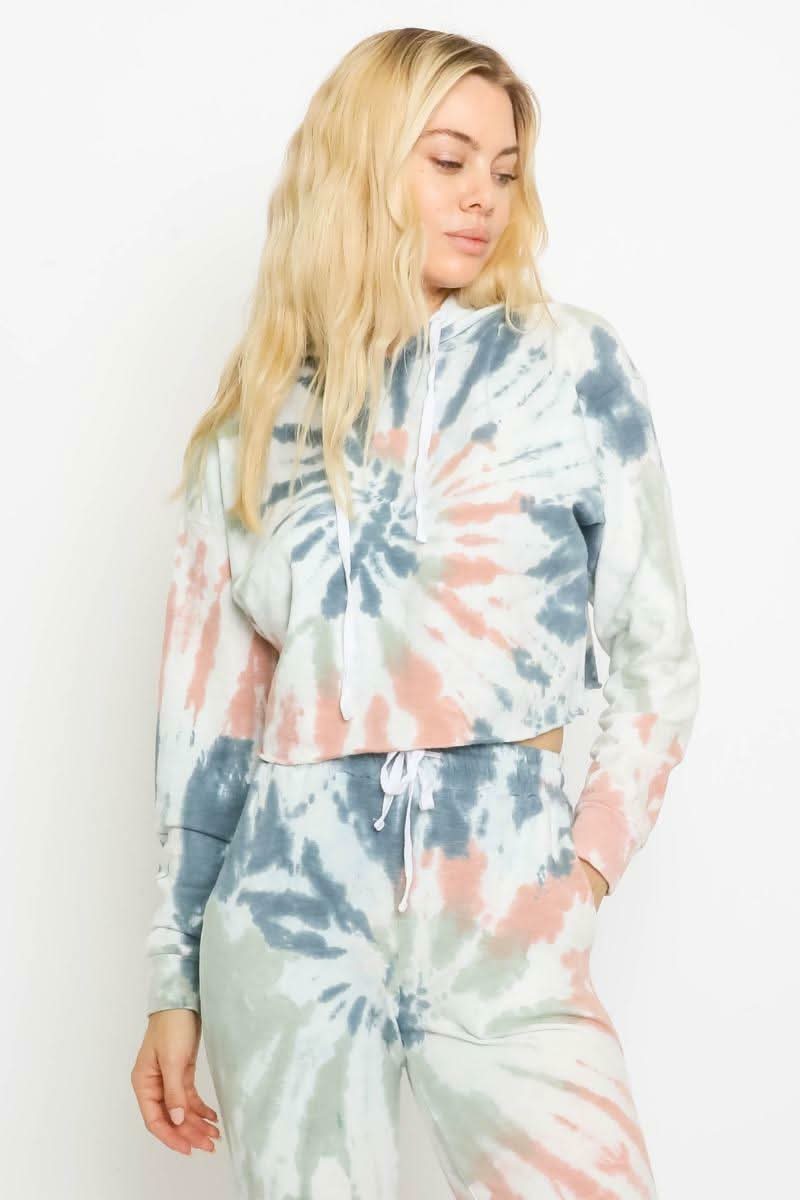 Time Out Starburst Denim Tie-Dye Cropped Hoodie