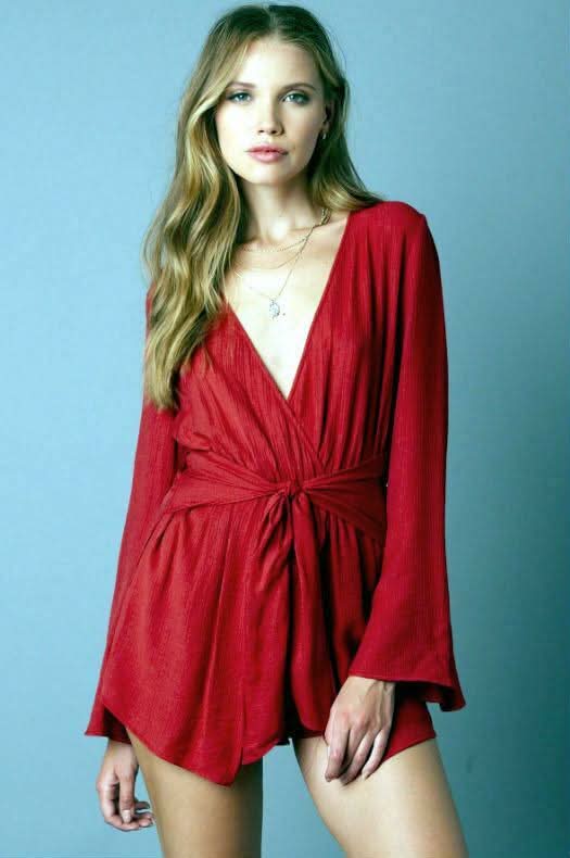 What If Red Long Sleeve Wrap Romper