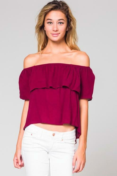 Without A Care Burgundy Ruffle Off-the-Shoulder Top