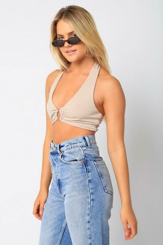 Summer Nights Taupe Halter Tie-Back Crop Top