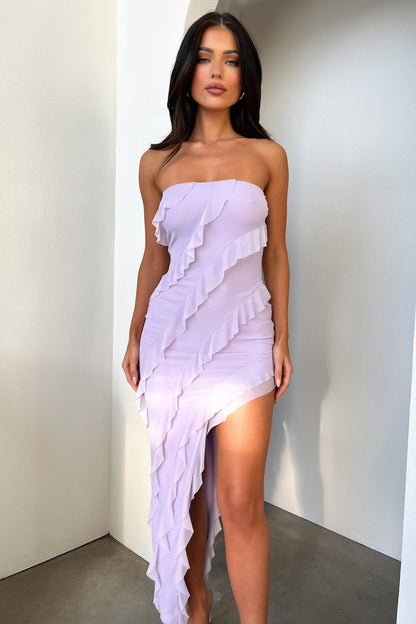 Jadore Strapless Ruffle Midi Dress - Lilac