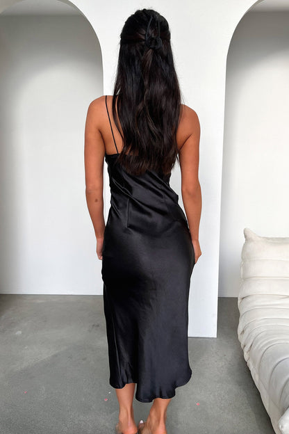 Jennifer Satin Midi Dress - Black