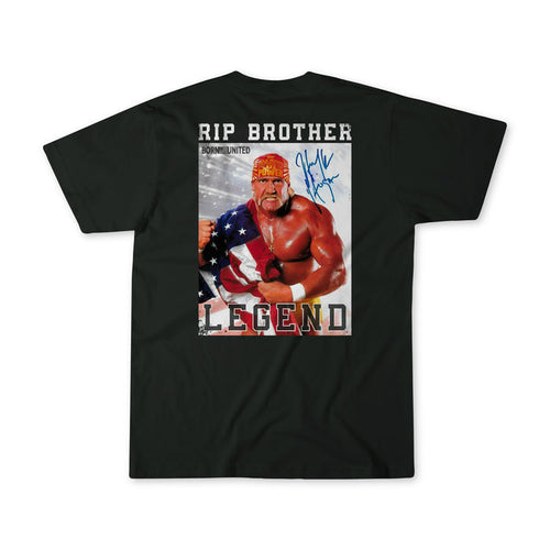 Black Legend - Hogan t-shirt by Born United Private Label featuring Hulk Hogan with an American flag, RIP BROTHER, LEGEND, BORN UNITED text, and a blue autograph—ideal for true legend fans.