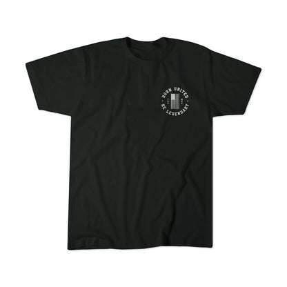 The Legend - Lincoln tee by Born United Private Label features a small white “IRON UNITED LEGENDS” graphic with a vertical barbell on the left chest. This heritage-inspired black shirt is shown laid flat on a white background.