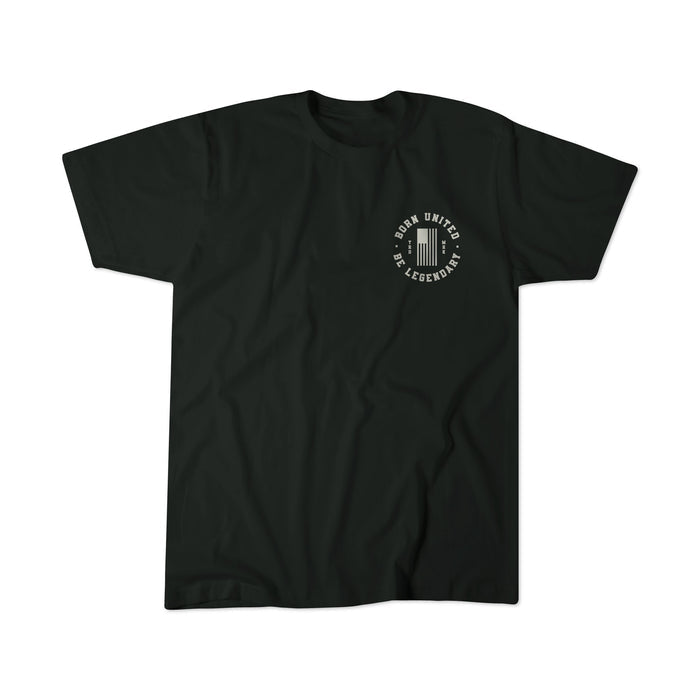 The Legend - Washington tee by Born United Private Label features a plain black design with a small white IRON UNITED XX LEGENDAR graphic and vertical bar on the left chest—perfect for history enthusiasts.