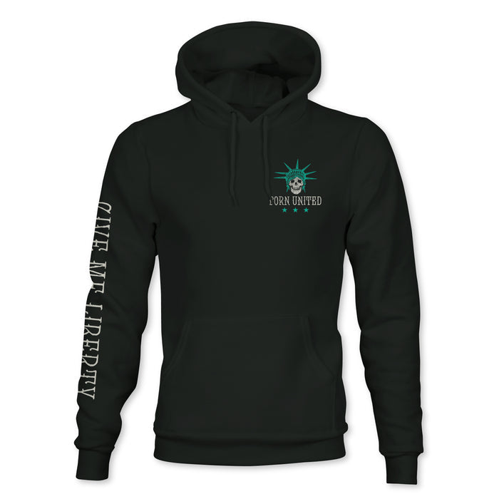 The Born United Private Label "Liberty Or Death Hoodie" is black with a small green Statue of Liberty and TORN UNITED on the chest, three stars below, and CIVIL LIBERTY vertically on the right sleeve—a nod to "Give Me Liberty.