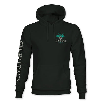 The Born United Private Label "Liberty Or Death Hoodie" is black with a small green Statue of Liberty and TORN UNITED on the chest, three stars below, and CIVIL LIBERTY vertically on the right sleeve—a nod to "Give Me Liberty.