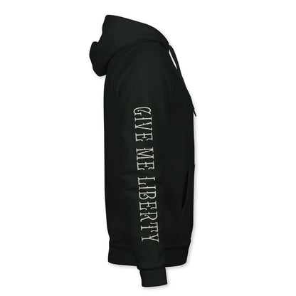 The Liberty Or Death Hoodie by Born United Private Label features a side view and bold "GIVE ME LIBERTY" lettering in white down the right sleeve.