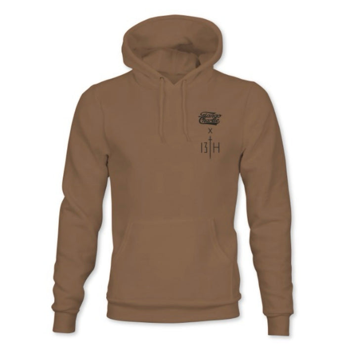 The Lift Heavy. Pray Hard. Hoodie by Tango Charlie Apparel is a brown cotton-poly blend with a pouch pocket, neck drawstrings, and black graphic text—13TH and Lift Heavy—on the left chest.