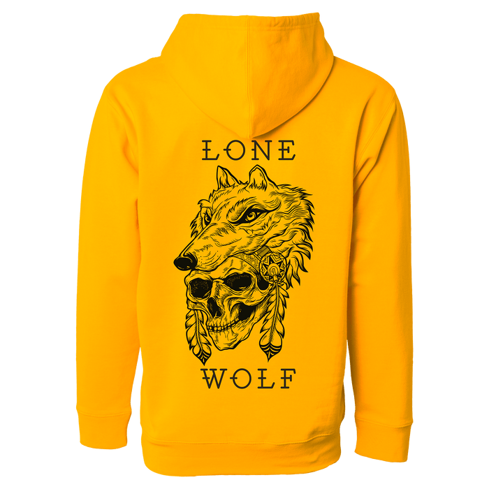 The Lone Wolf GOLD Hoodie by Relentless Betrayal features a unisex design with a detailed black graphic of a wolfs head above a feather-adorned skull, framed by the text LONE WOLF.