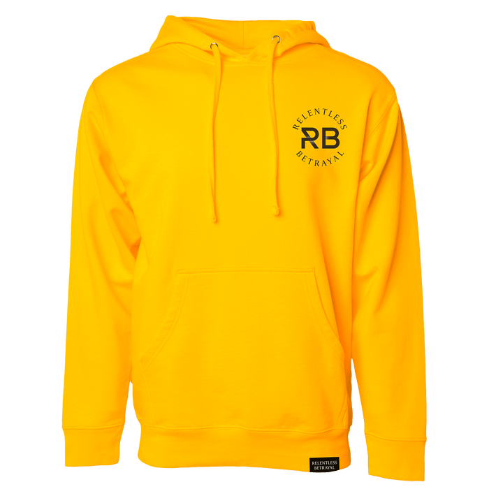 The Lone Wolf GOLD Hoodie from Relentless Betrayal is a bright yellow unisex piece with a kangaroo pocket, drawstrings, RB logo on the chest, Relentless Betrayal curved above it, and a branded tag on the bottom hem. It adds a golden touch to any wardrobe.