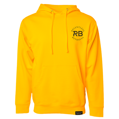 The Lone Wolf GOLD Hoodie from Relentless Betrayal is a bright yellow unisex piece with a kangaroo pocket, drawstrings, RB logo on the chest, Relentless Betrayal curved above it, and a branded tag on the bottom hem. It adds a golden touch to any wardrobe.