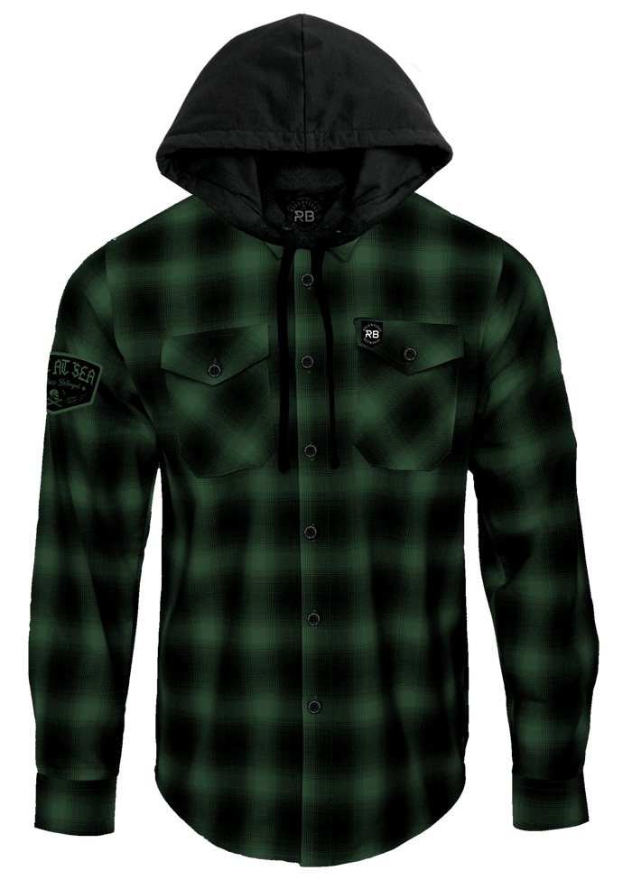 Introducing the Relentless Betrayal Lost At Sea Premium Hooded Flannel: this ultra-soft unisex flannel comes in green and black plaid, featuring buttoned chest pockets, cuffs, a front closure, sleeve patches, and a small logo on one pocket—perfect for any adventure.