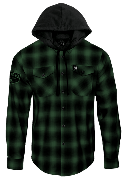 Introducing the Relentless Betrayal Lost At Sea Premium Hooded Flannel: this ultra-soft unisex flannel comes in green and black plaid, featuring buttoned chest pockets, cuffs, a front closure, sleeve patches, and a small logo on one pocket—perfect for any adventure.